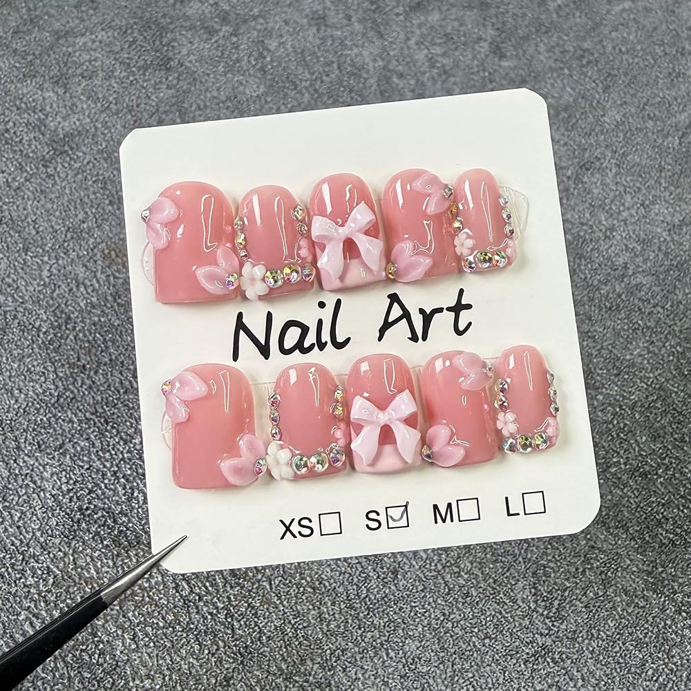 Meemooron Square Short Press-On Nails – Pink French Tip, 3D Bow & Rhinestones (10 pcs, Size M)