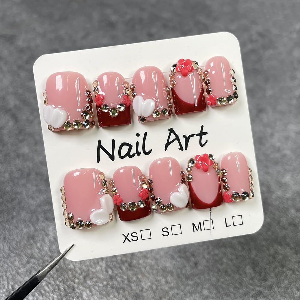 Meemooron Handmade Press On Nails – Square Short Red French Tip with 3D Flowers & Rhinestones | Luxury Glossy Acrylic (10pcs, Size M)