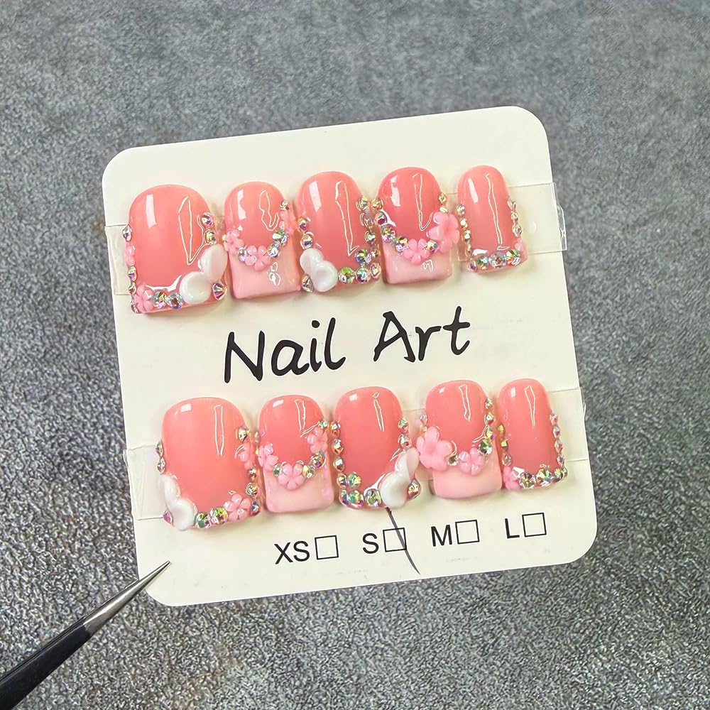 Meemooron Handmade Press On Nails – Square Short Pink French Tip with 3D Flowers & Rhinestones | Glossy Luxury Acrylic Nails (10pcs, Size M)