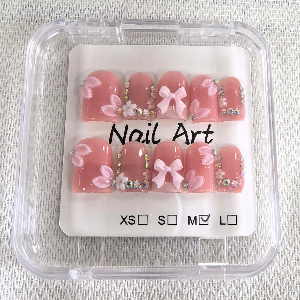 Meemooron Square Short Press-On Nails – Pink French Tip, 3D Bow & Rhinestones (10 pcs, Size M)