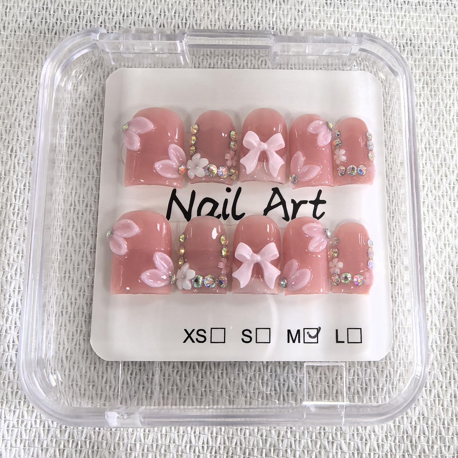 Meemooron Square Short Press-On Nails – Pink French Tip, 3D Bow & Rhinestones (10 pcs, Size M)