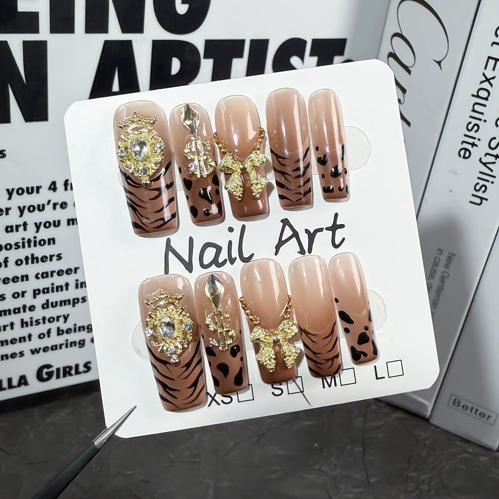 Meemooron Handmade Press-On Nails – Leopard French Tip with 3D Bow & Gold Crown