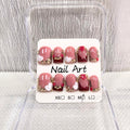 Meemooron Handmade Press On Nails – Square Short Red French Tip with 3D Flowers & Rhinestones | Luxury Glossy Acrylic (10pcs, Size M)