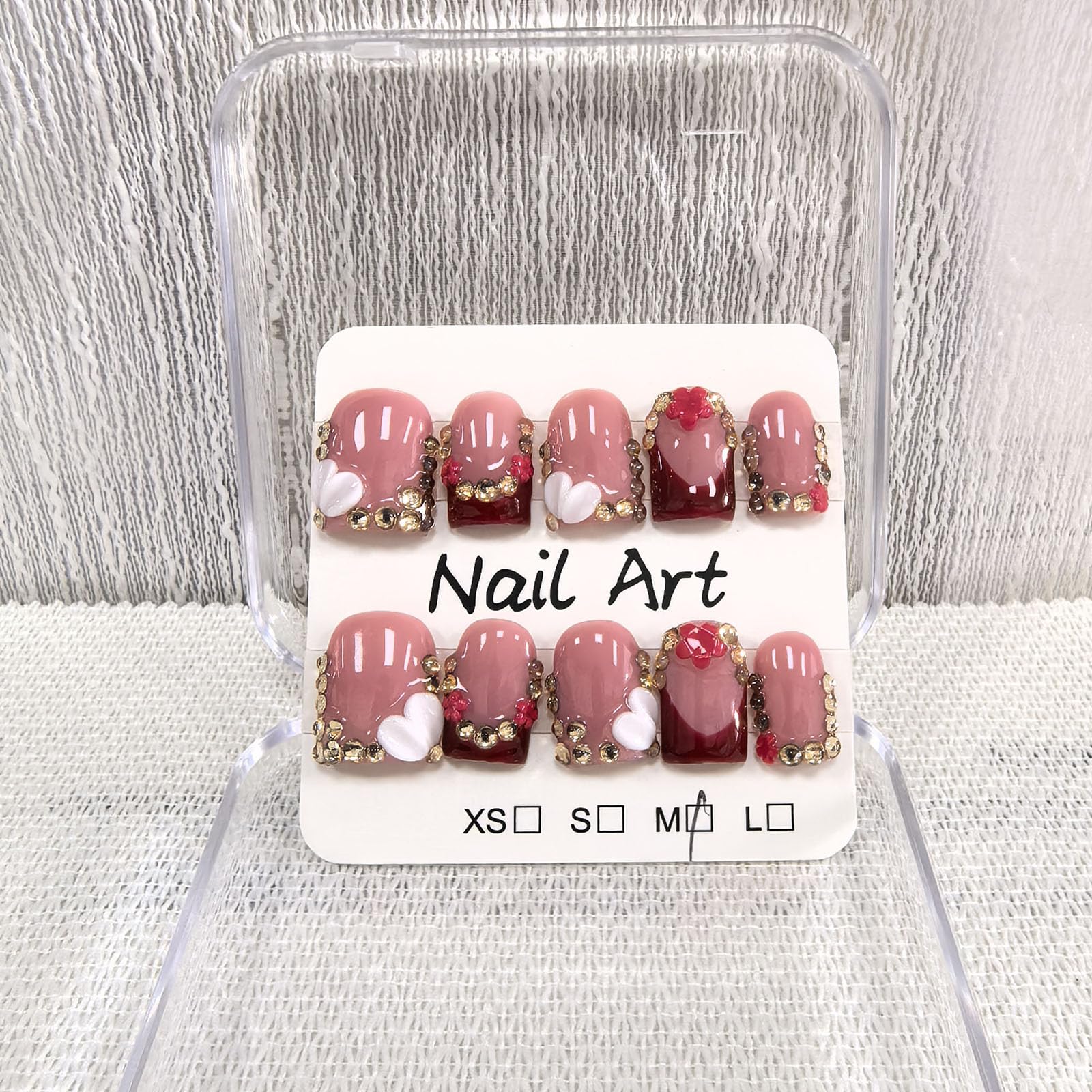 Meemooron Handmade Press On Nails – Square Short Red French Tip with 3D Flowers & Rhinestones | Luxury Glossy Acrylic (10pcs, Size M)