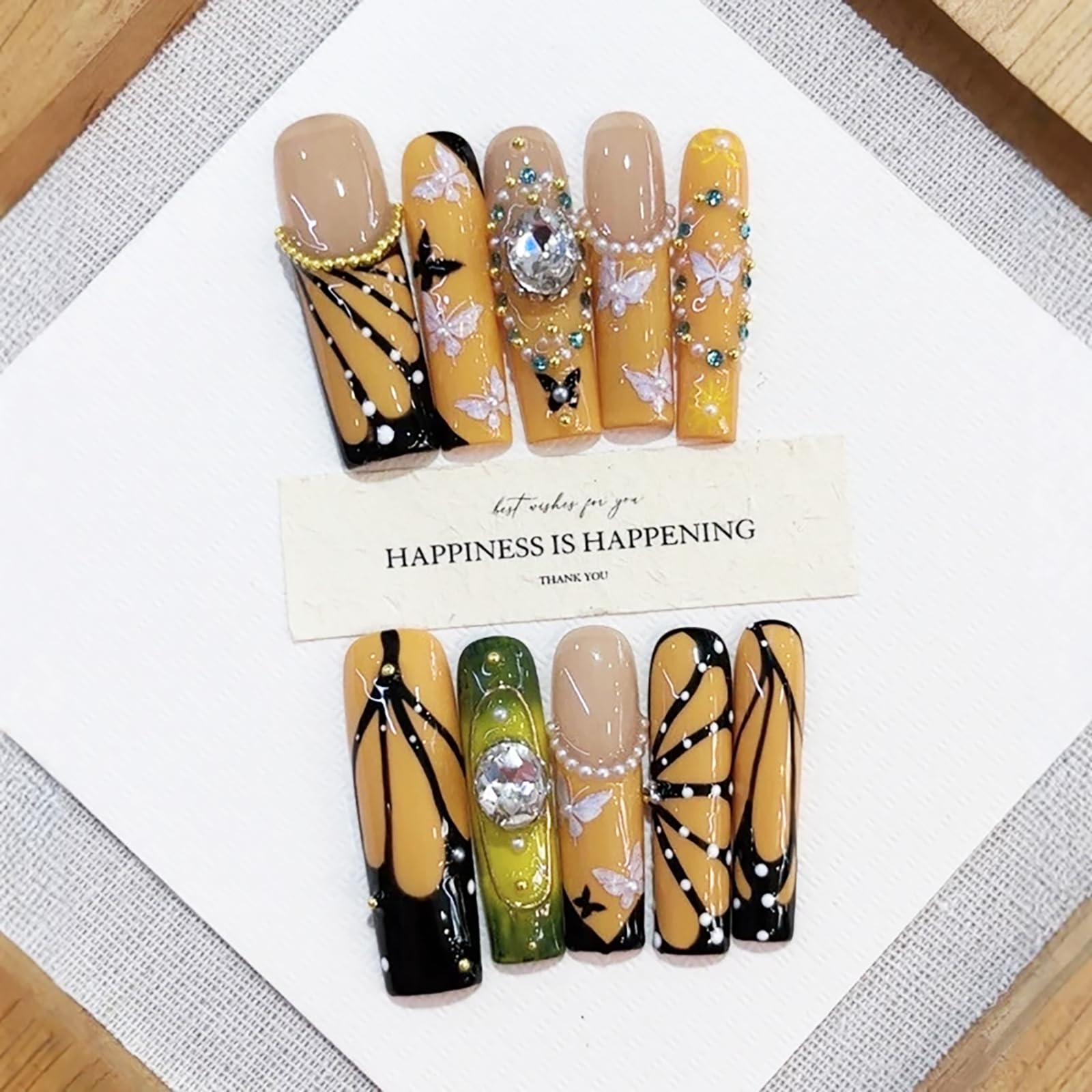 Meemooron Handmade Press-On Nails – Yellow French Tip with 3D Butterfly (10pcs, Size M)