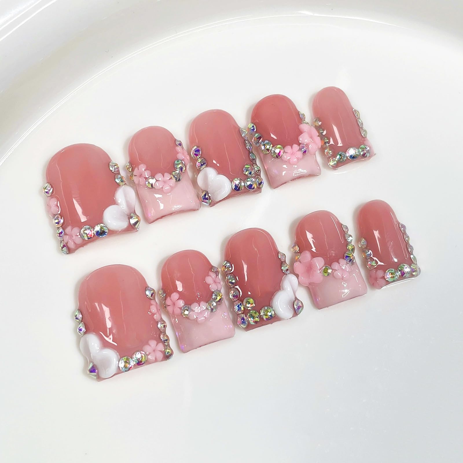 Meemooron Handmade Press On Nails – Square Short Pink French Tip with 3D Flowers & Rhinestones | Glossy Luxury Acrylic Nails (10pcs, Size M)