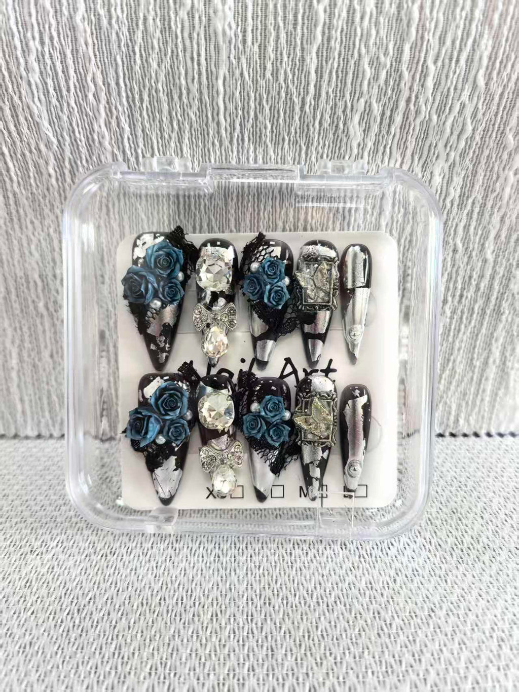 Meemooron 10pcs Handmade Press On Nails – Long Stiletto, Black with Blue Flower Rhinestones
