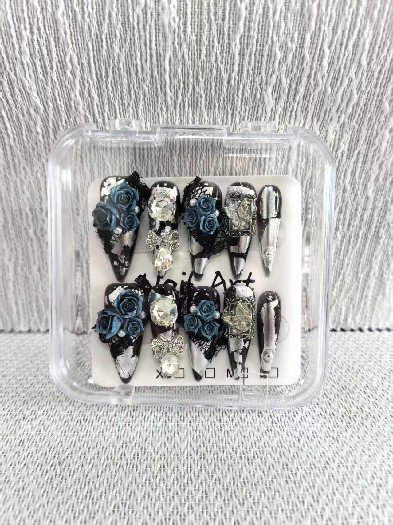 Meemooron 10pcs Handmade Press On Nails – Long Stiletto, Black with Blue Flower Rhinestones
