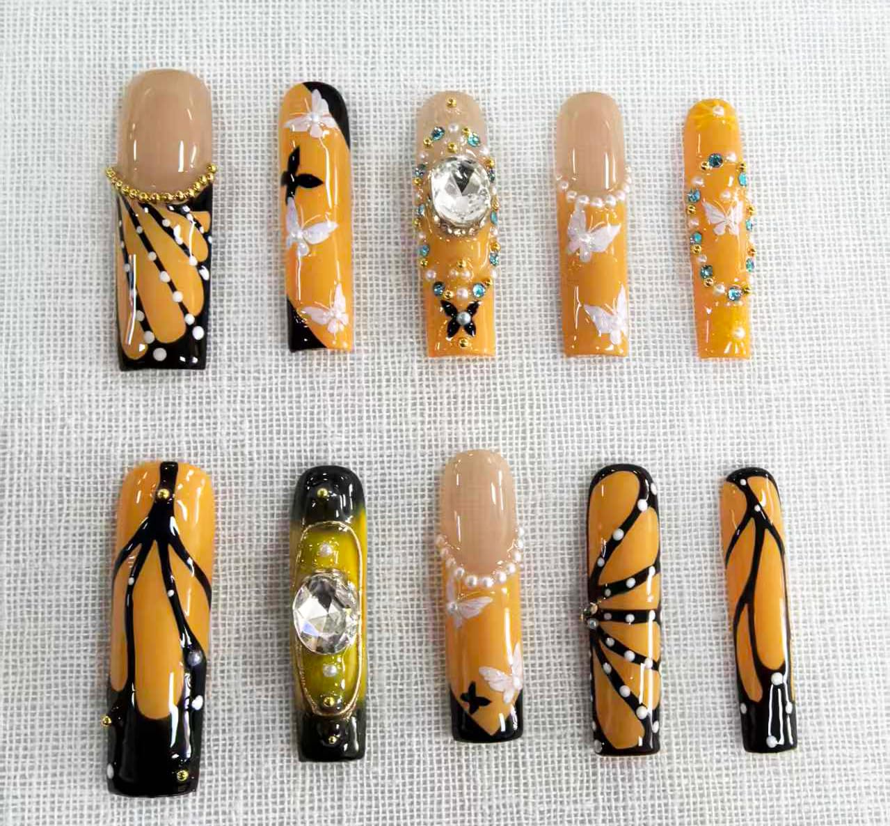 Meemooron Handmade Press-On Nails – Yellow French Tip with 3D Butterfly (10pcs, Size M)
