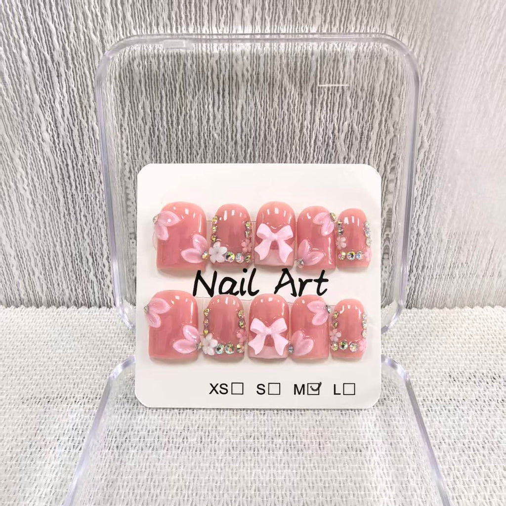 Meemooron Square Short Press-On Nails – Pink French Tip, 3D Bow & Rhinestones (10 pcs, Size M)