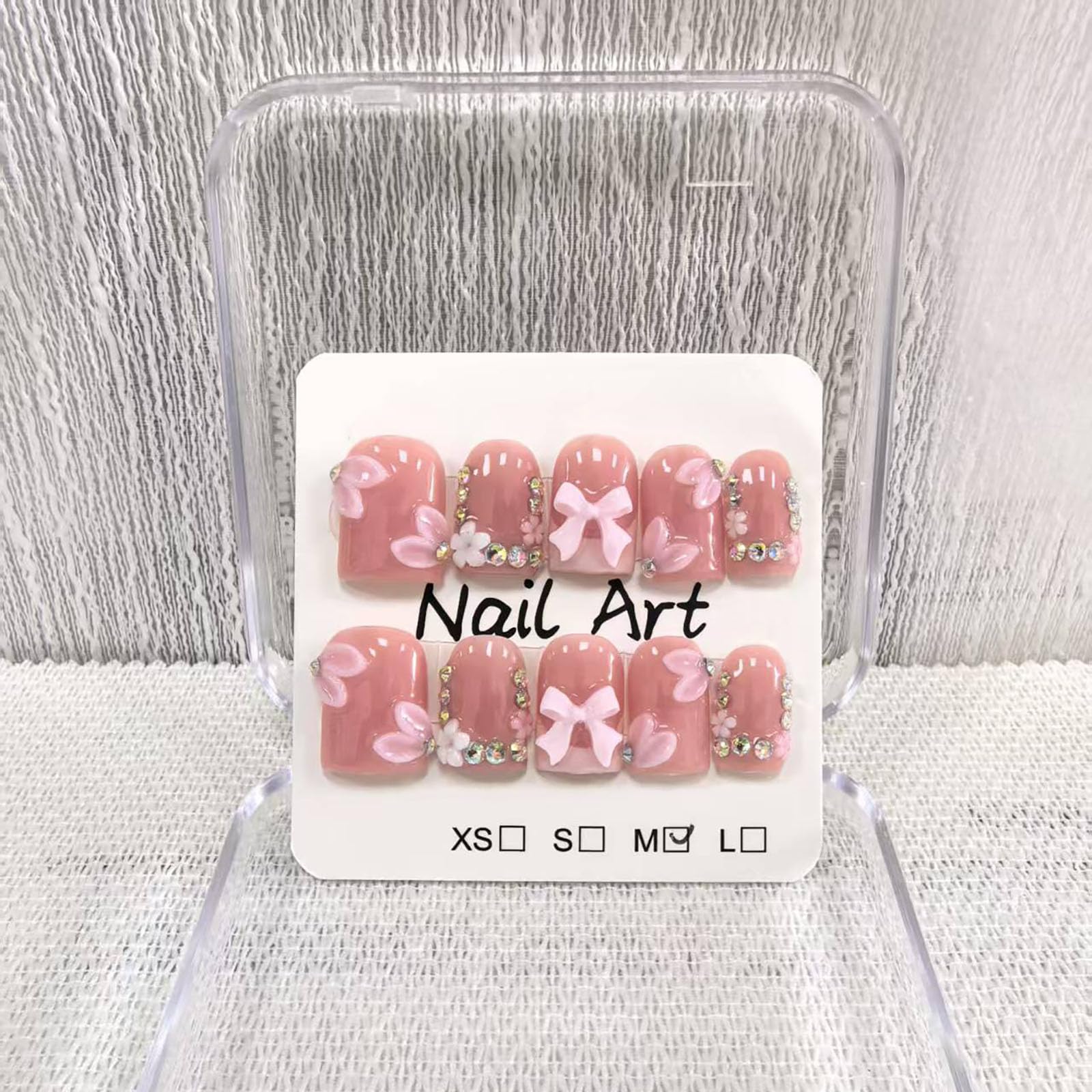 Meemooron Square Short Press-On Nails – Pink French Tip, 3D Bow & Rhinestones (10 pcs, Size M)