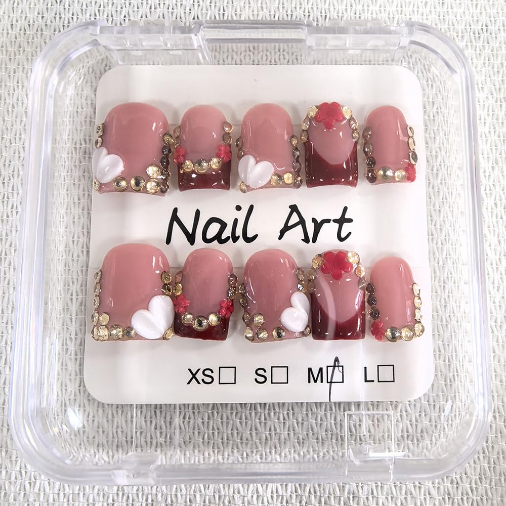 Meemooron Handmade Press On Nails – Square Short Red French Tip with 3D Flowers & Rhinestones | Luxury Glossy Acrylic (10pcs, Size M)