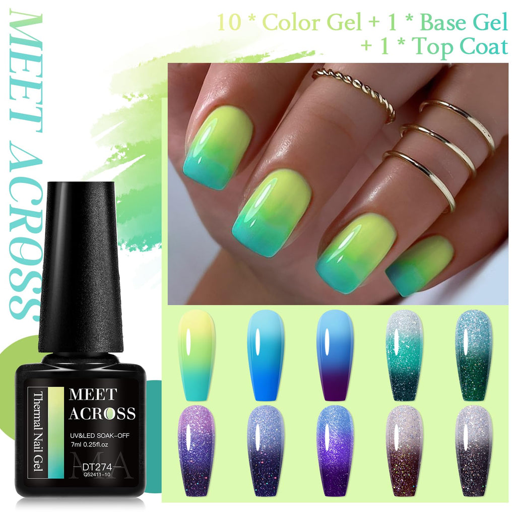 MEET ACROSS 12 PCS Color Changing Gel Nail Polish Kit – Mood-Shift Glitter Temperature Nail Art at Home