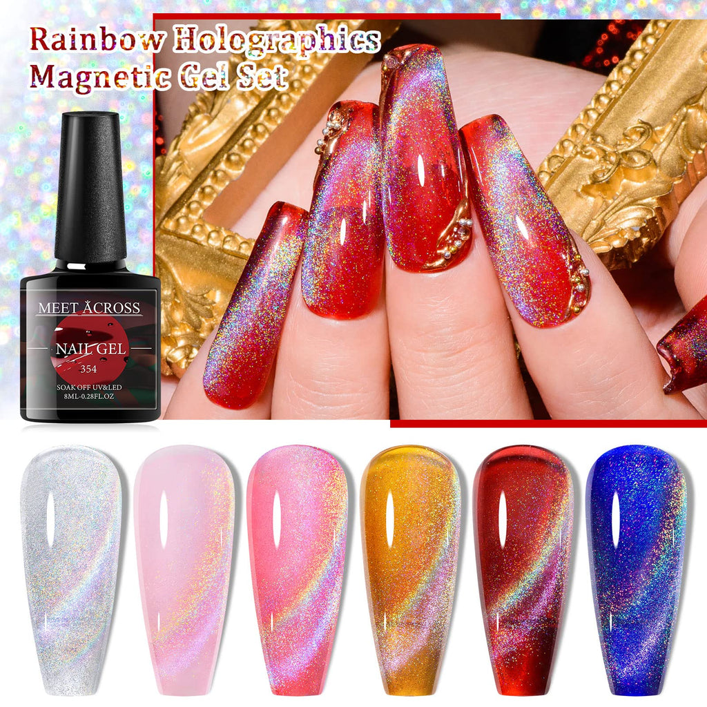 MEET ACROSS Cat Eye Glitter Gel Polish Set – Magnetic 6-Color UV Gel Kit with Magnet Stick