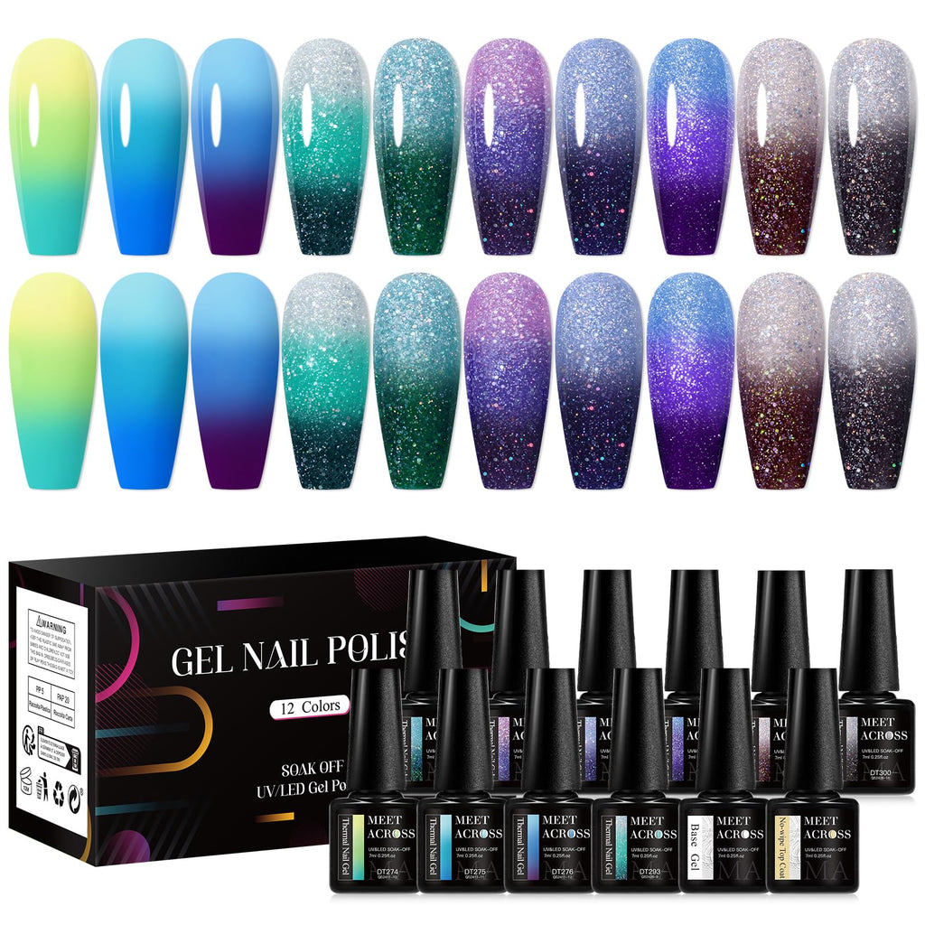 MEET ACROSS 12 PCS Color Changing Gel Nail Polish Kit – Mood-Shift Glitter Temperature Nail Art at Home