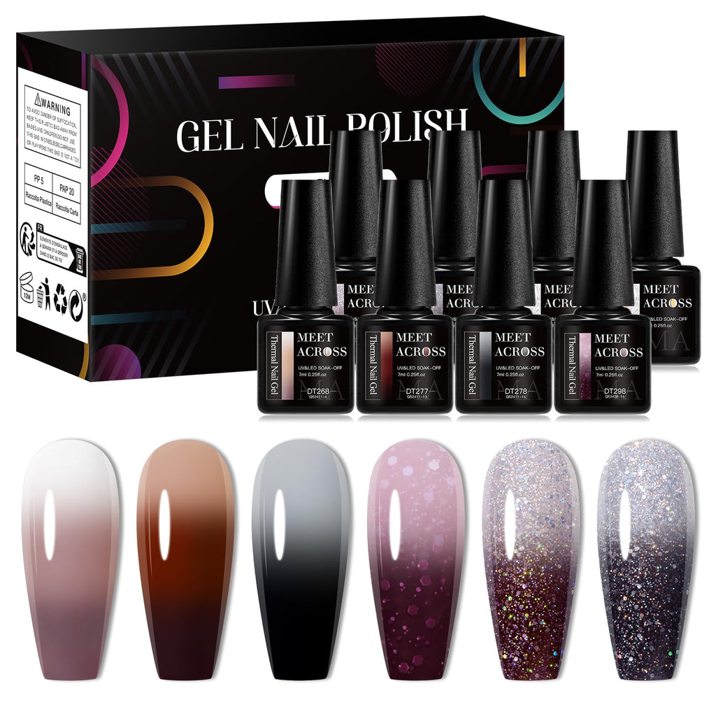 MEET ACROSS 8Pcs Color Changing Gel Nail Polish Set – Brown Mood Temperature Color Change Kit for Fall/Winter