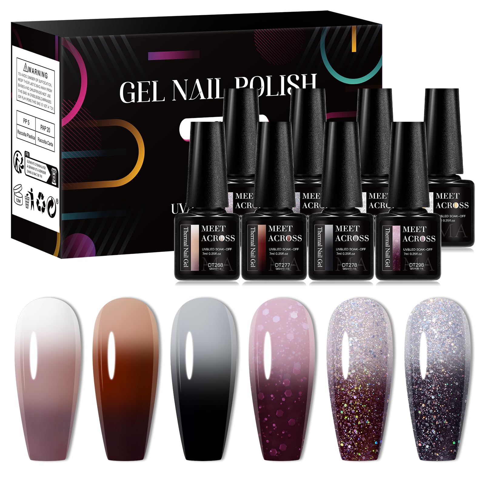 MEET ACROSS 8Pcs Color Changing Gel Nail Polish Set – Brown Mood Temperature Color Change Kit for Fall/Winter
