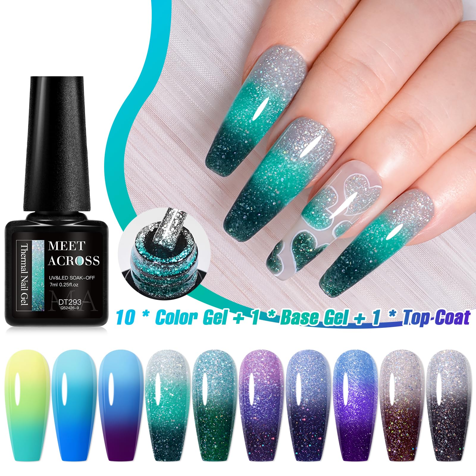 MEET ACROSS 12 PCS Color Changing Gel Nail Polish Kit – Mood-Shift Glitter Temperature Nail Art at Home