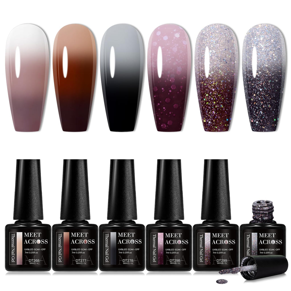 MEET ACROSS 8Pcs Color Changing Gel Nail Polish Set – Brown Mood Temperature Color Change Kit for Fall/Winter
