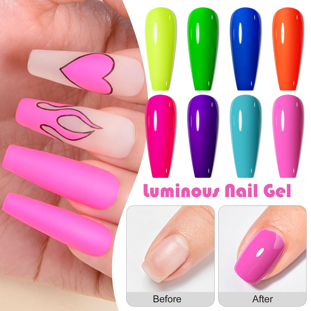 MEET ACROSS Glows in the Dark Gel Nail Polish Set — 8 Neon Halloween Colors + Base, Top, Dehydrator & Primer
