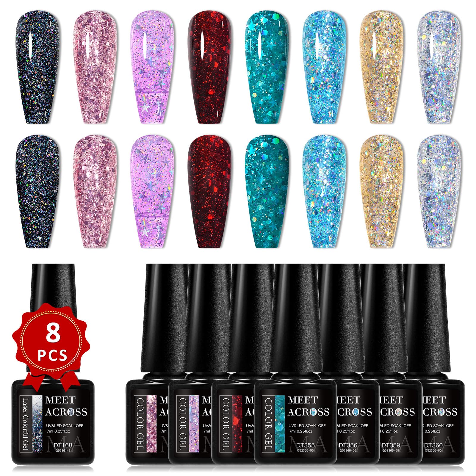 MEET ACROSS 8-Color Glitter Gel Nail Polish Kit – Sparkly Gold, Silver & Pink