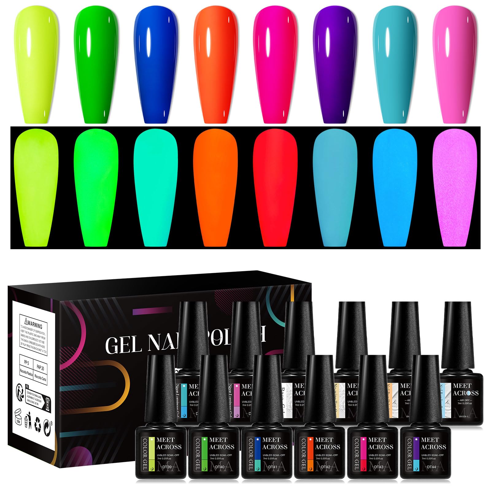 MEET ACROSS Glows in the Dark Gel Nail Polish Set — 8 Neon Halloween Colors + Base, Top, Dehydrator & Primer