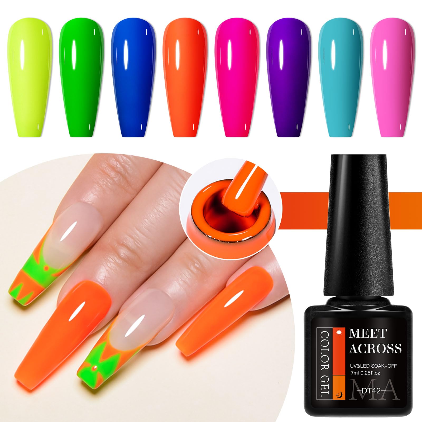 MEET ACROSS Glows in the Dark Gel Nail Polish Set — 8 Neon Halloween Colors + Base, Top, Dehydrator & Primer