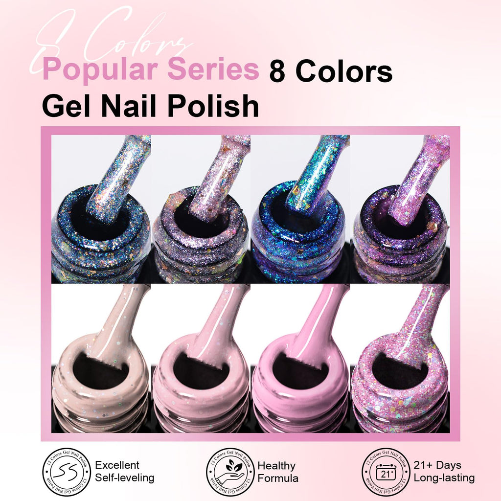 MEET ACROSS Glitter Sequins Gel Nail Polish Set – 8 Colors, 7ml