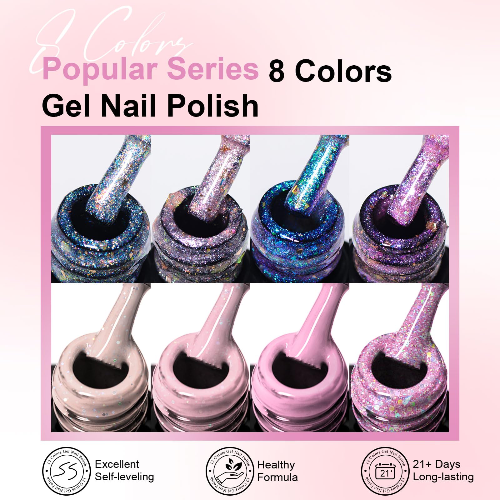 MEET ACROSS Glitter Sequins Gel Nail Polish Set – 8 Colors, 7ml