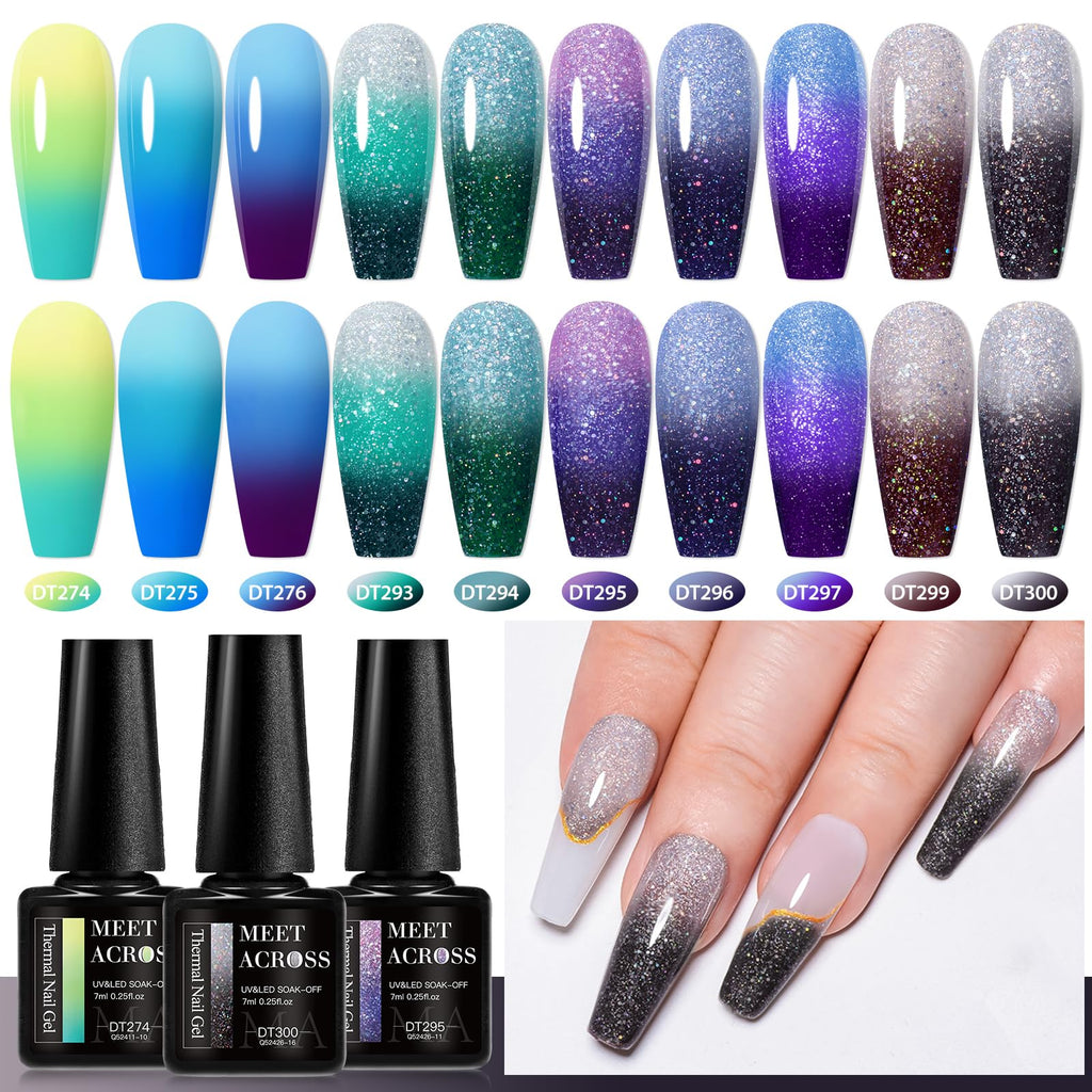 MEET ACROSS 12 PCS Color Changing Gel Nail Polish Kit – Mood-Shift Glitter Temperature Nail Art at Home