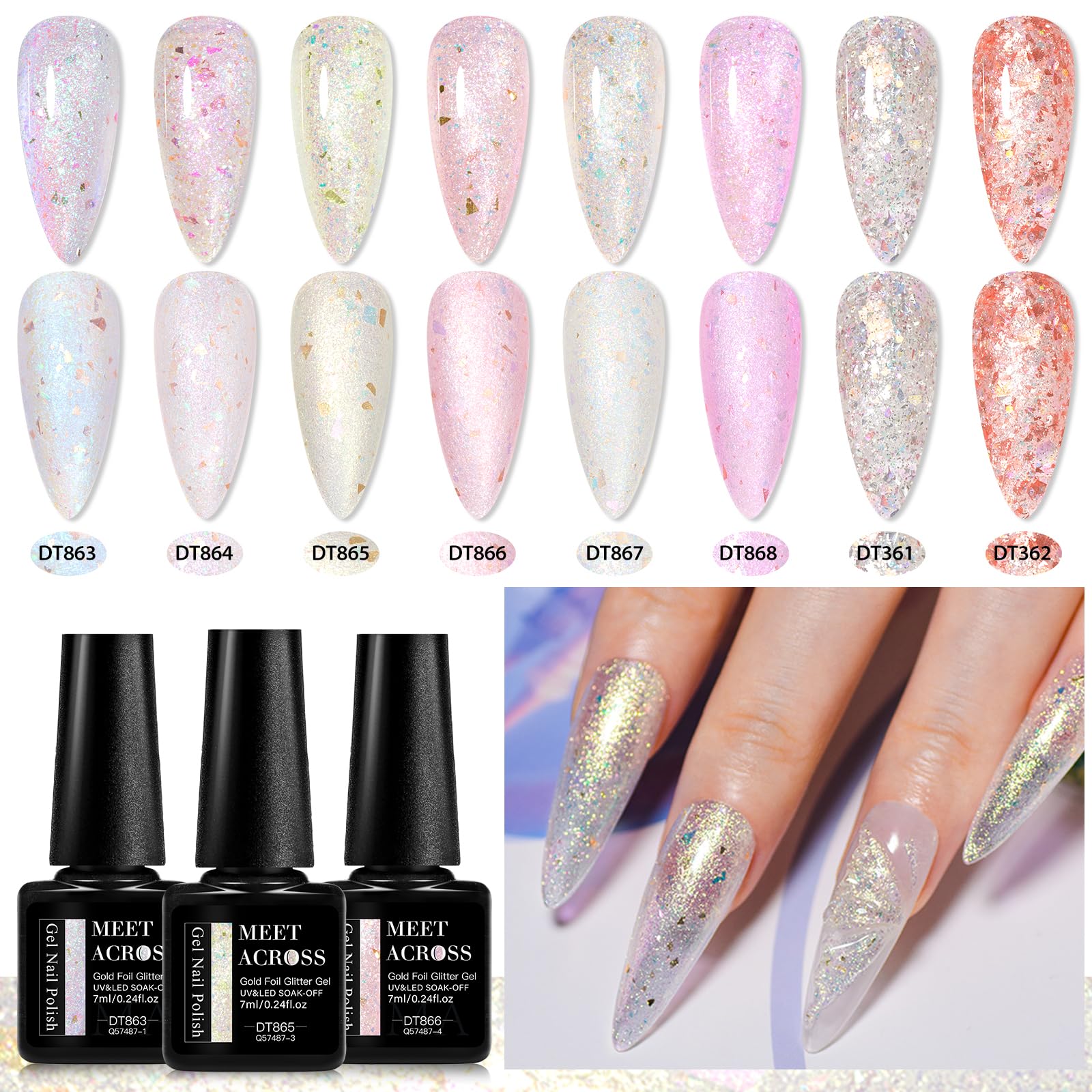 MEET ACROSS 12 Pcs Gold Foil Gel Nail Polish Set – 8 Glitter Colors + Base, Top Coat, Dehydrator & Primer