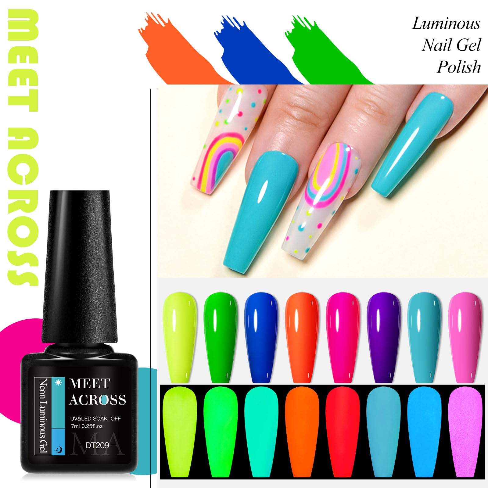 MEET ACROSS Glows in the Dark Gel Nail Polish Set — 8 Neon Halloween Colors + Base, Top, Dehydrator & Primer