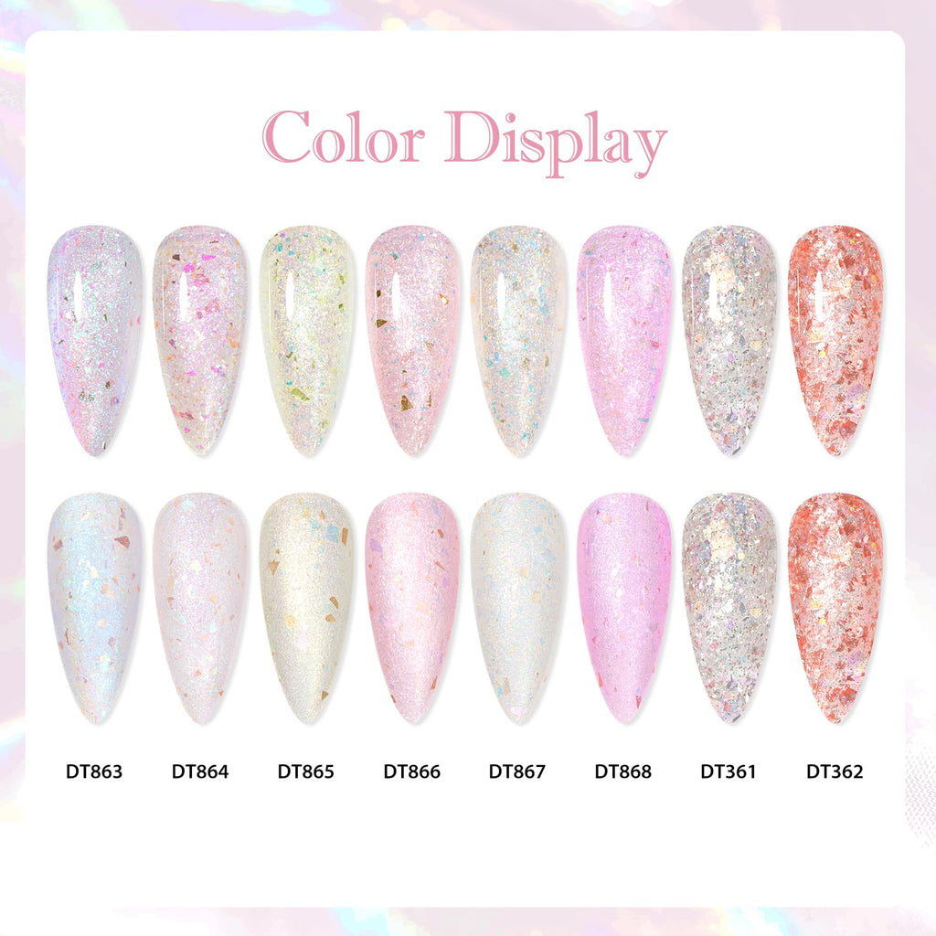 MEET ACROSS 12 Pcs Gold Foil Gel Nail Polish Set – 8 Glitter Colors + Base, Top Coat, Dehydrator & Primer