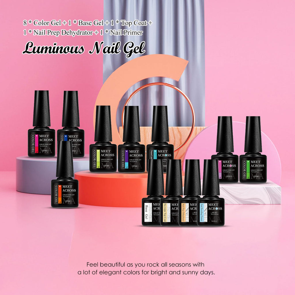 MEET ACROSS Glows in the Dark Gel Nail Polish Set — 8 Neon Halloween Colors + Base, Top, Dehydrator & Primer