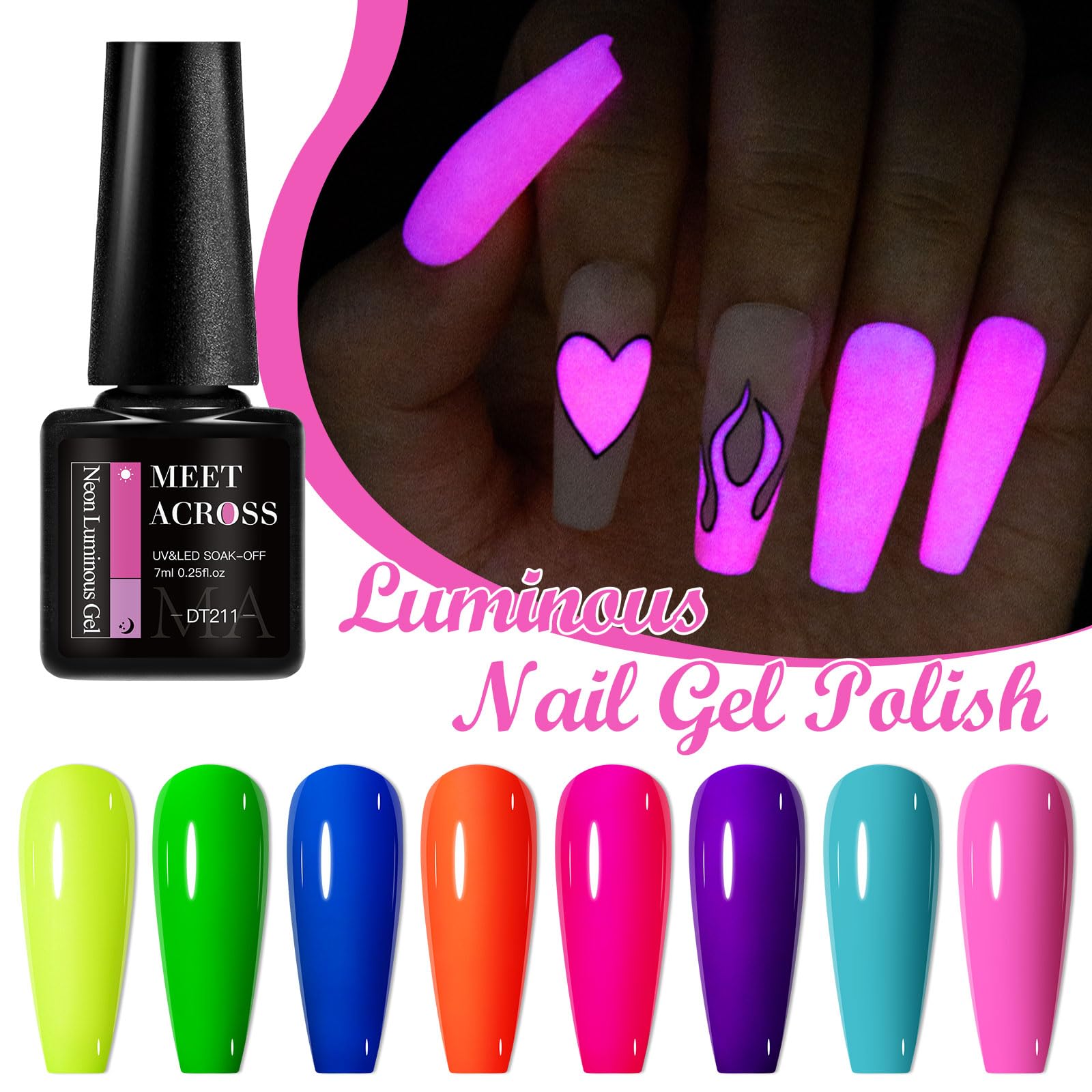 MEET ACROSS Glows in the Dark Gel Nail Polish Set — 8 Neon Halloween Colors + Base, Top, Dehydrator & Primer
