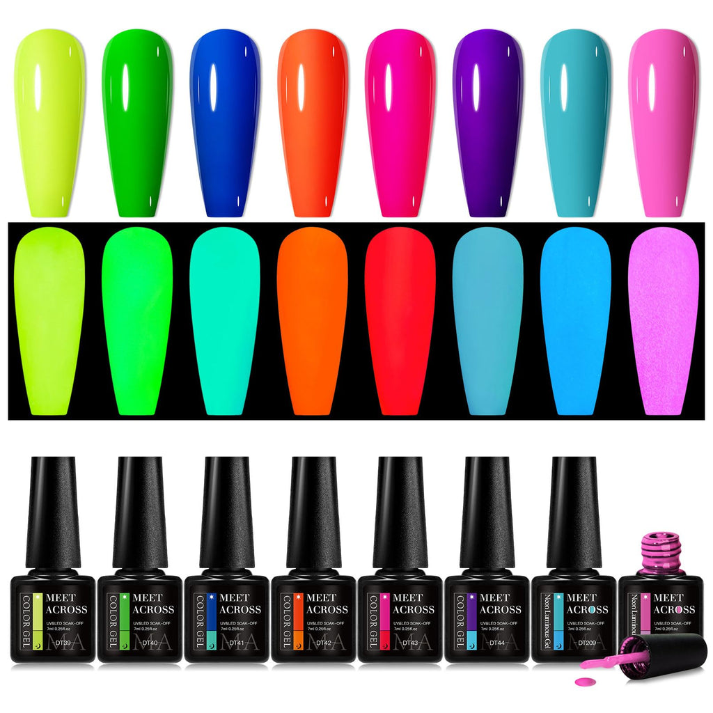 MEET ACROSS Glows in the Dark Gel Nail Polish Set — 8 Neon Halloween Colors + Base, Top, Dehydrator & Primer