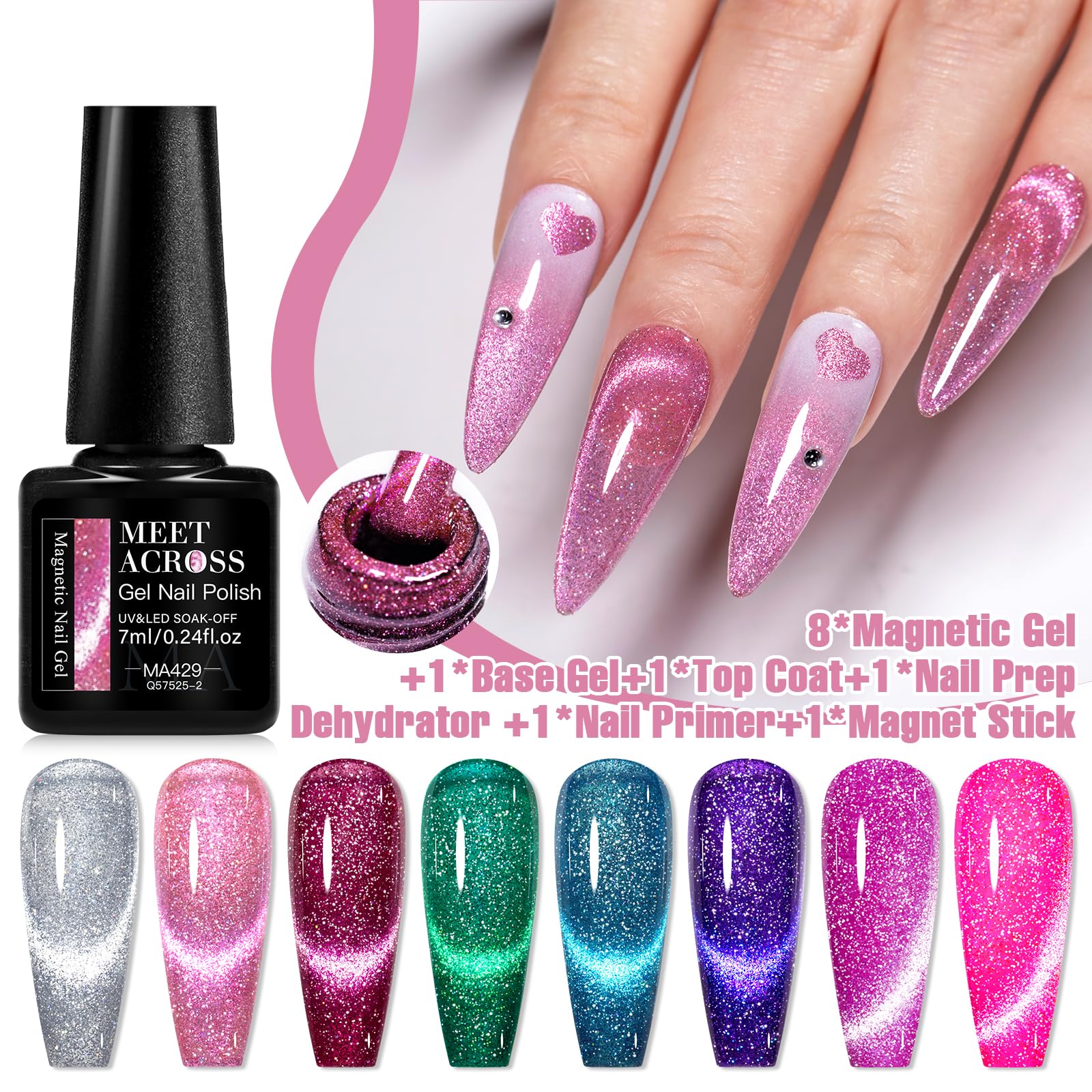 MEET ACROSS Neon Cat Eye Gel Nail Polish Set – 12Pcs Magnetic Polish Kit