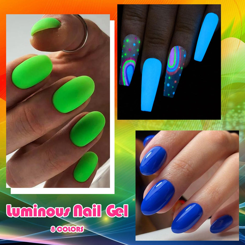MEET ACROSS Glows in the Dark Gel Nail Polish Set — 8 Neon Halloween Colors + Base, Top, Dehydrator & Primer