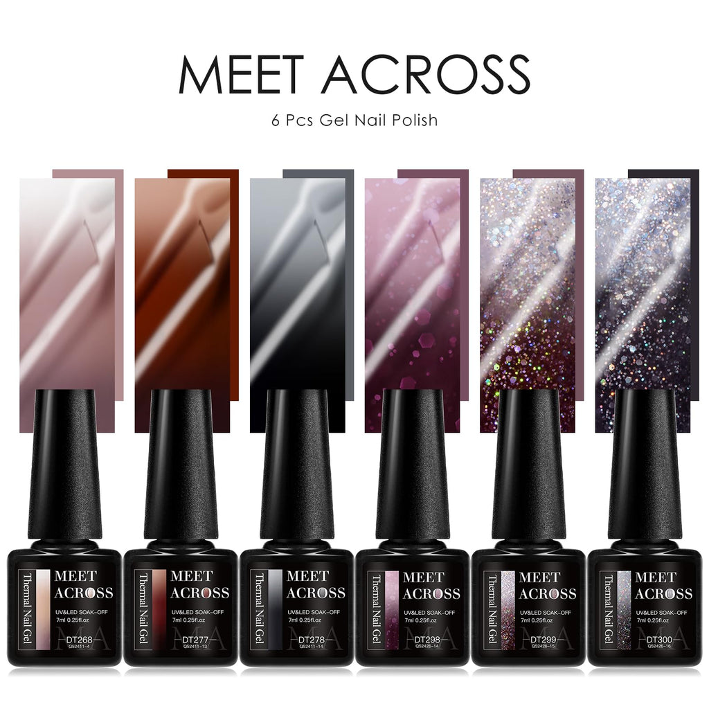 MEET ACROSS 8Pcs Color Changing Gel Nail Polish Set – Brown Mood Temperature Color Change Kit for Fall/Winter