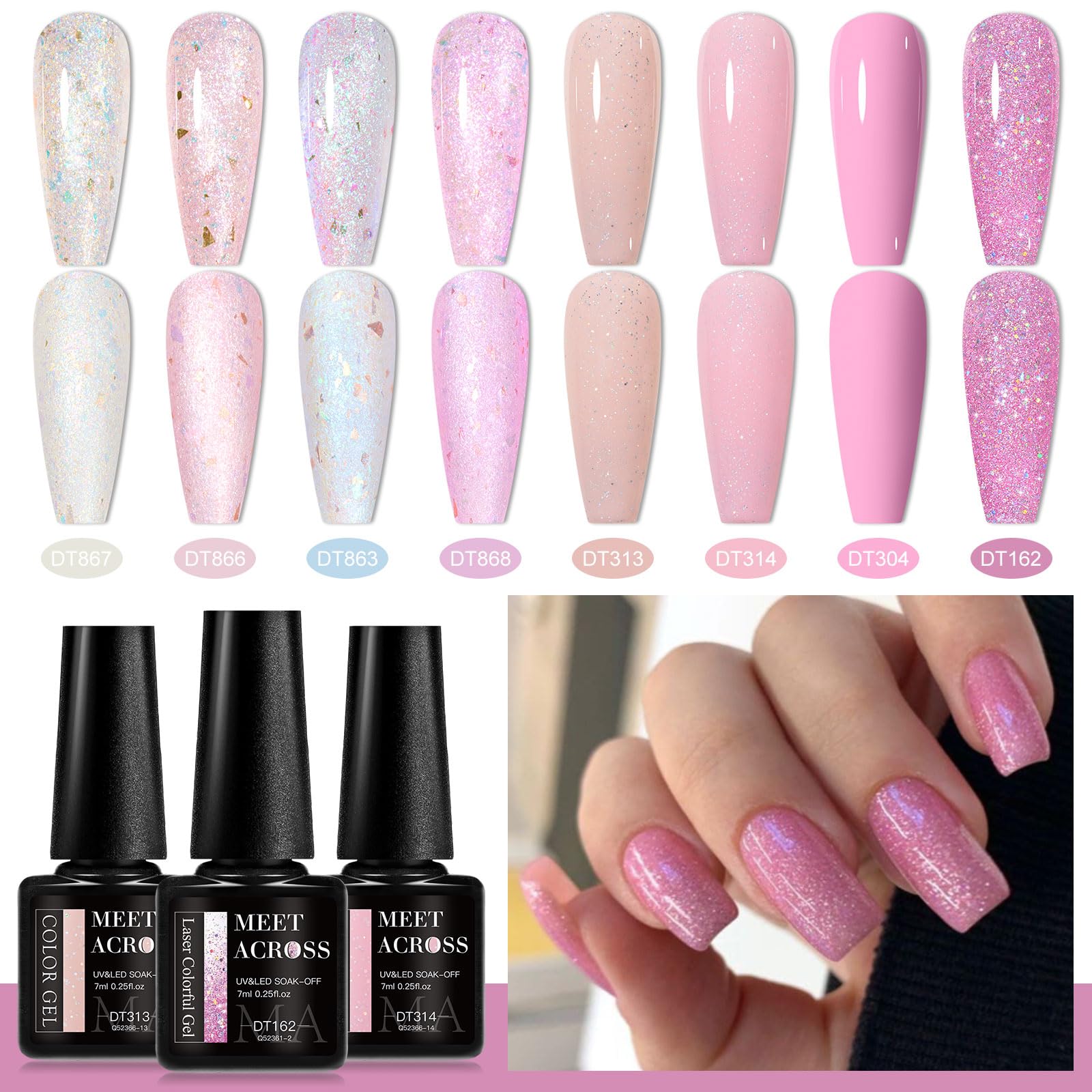 MEET ACROSS Glitter Sequins Gel Nail Polish Set – 8 Colors, 7ml