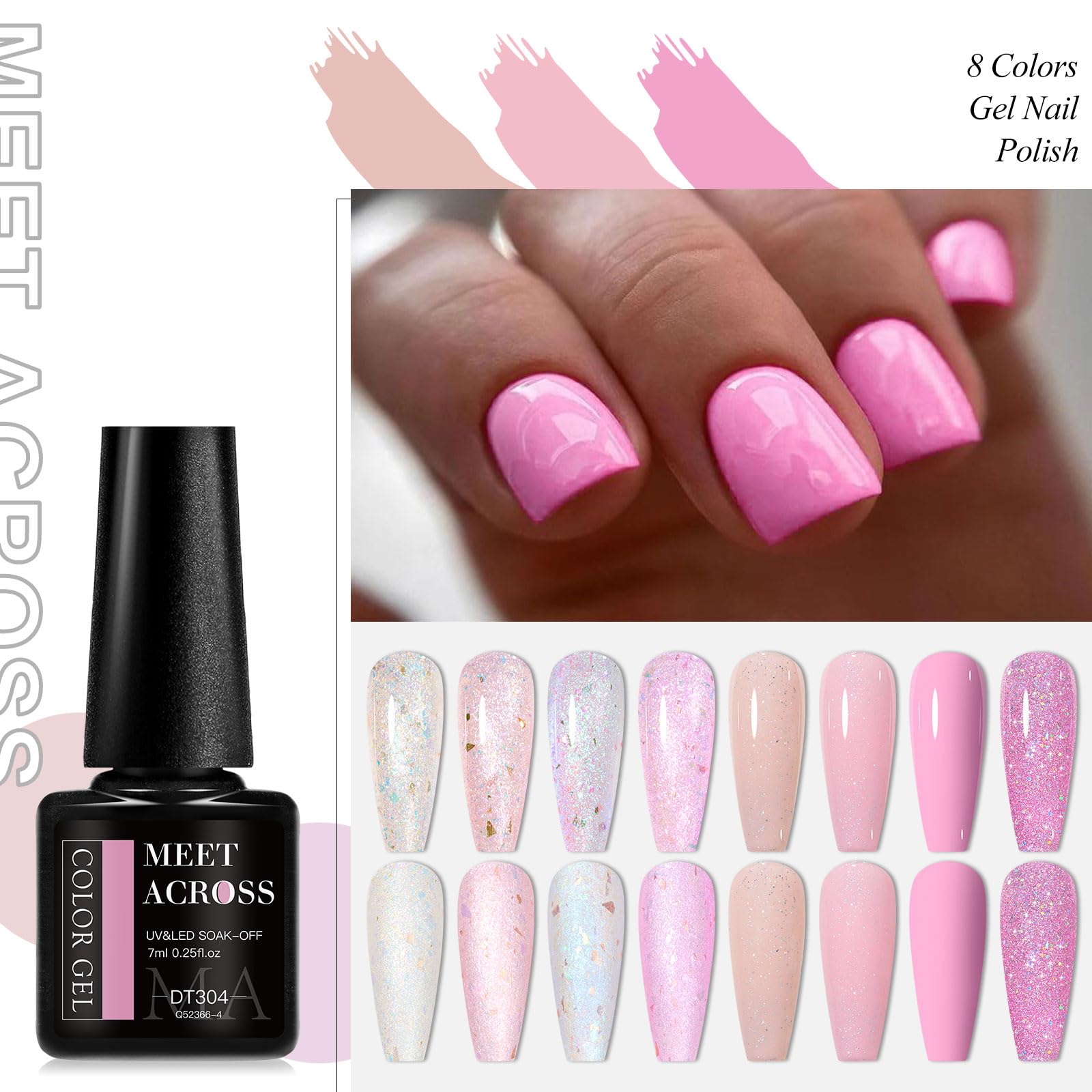 MEET ACROSS Glitter Sequins Gel Nail Polish Set – 8 Colors, 7ml