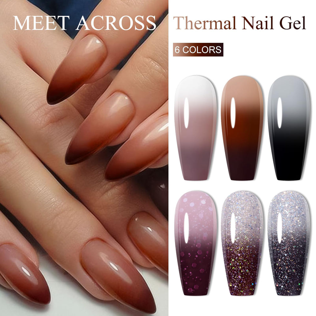 MEET ACROSS 8Pcs Color Changing Gel Nail Polish Set – Brown Mood Temperature Color Change Kit for Fall/Winter