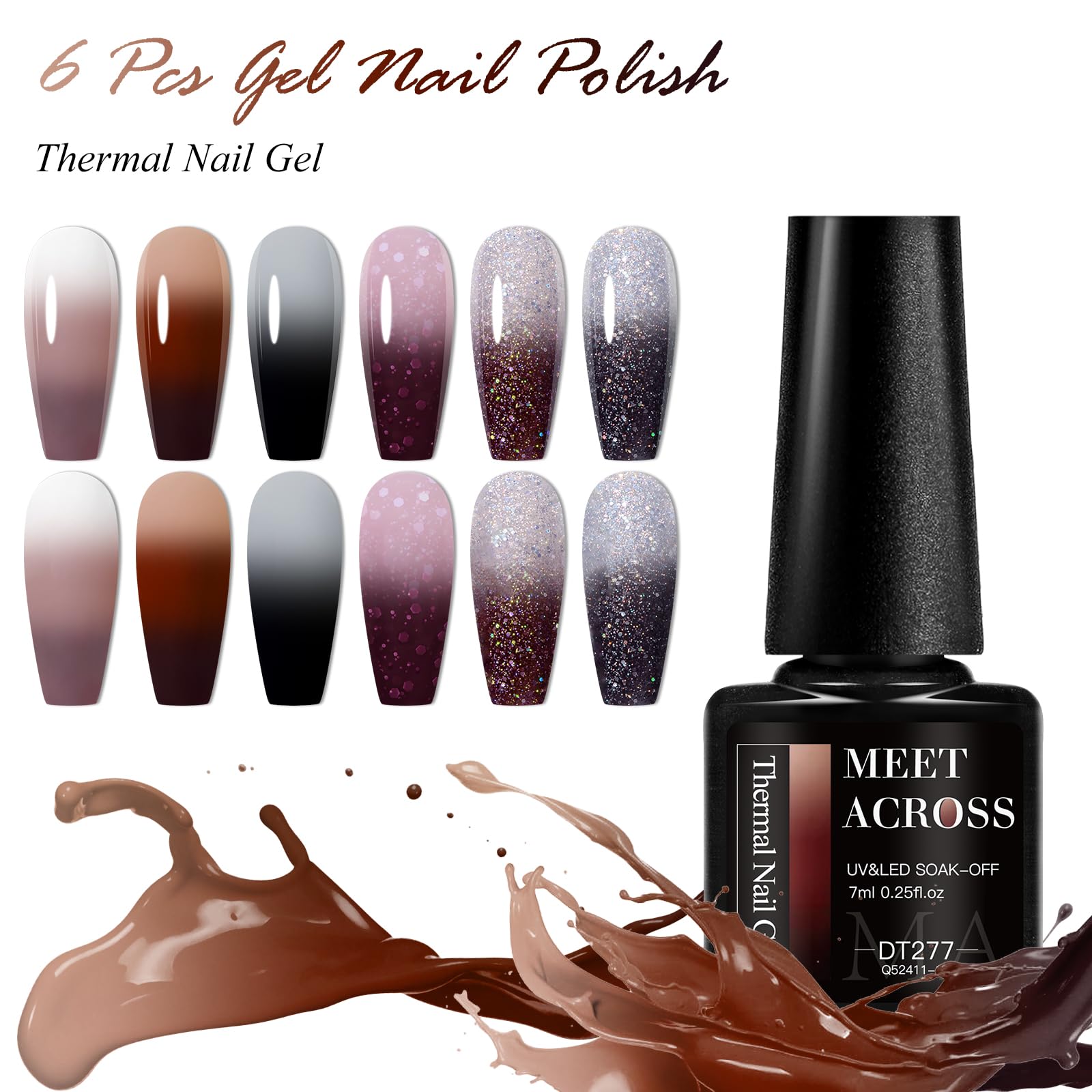 MEET ACROSS 8Pcs Color Changing Gel Nail Polish Set – Brown Mood Temperature Color Change Kit for Fall/Winter