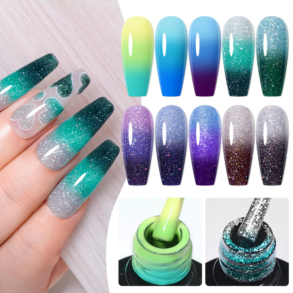 MEET ACROSS 12 PCS Color Changing Gel Nail Polish Kit – Mood-Shift Glitter Temperature Nail Art at Home