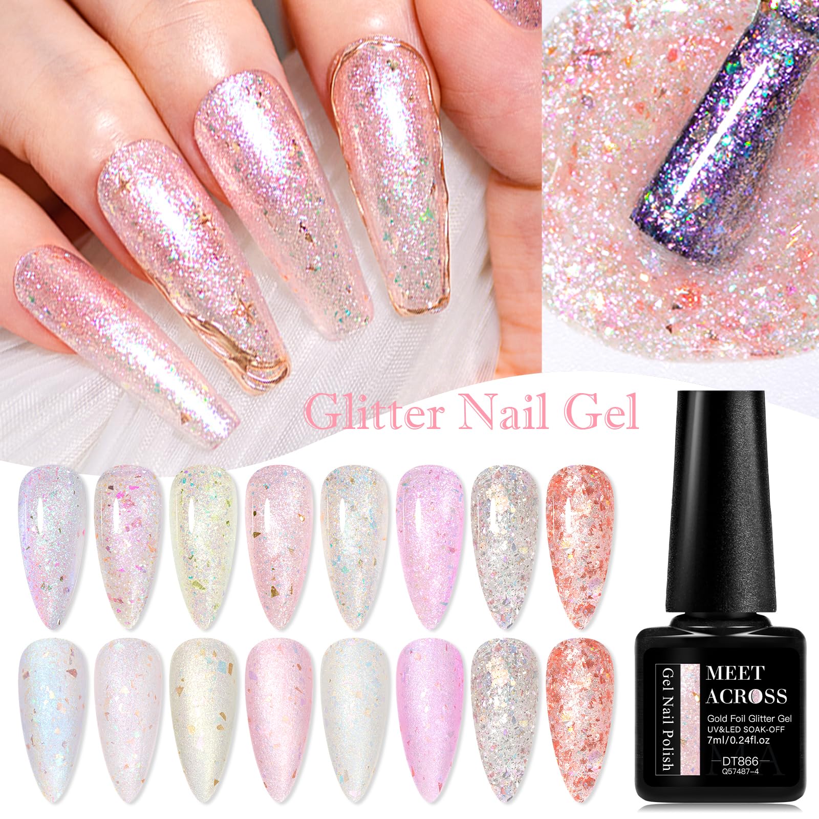 MEET ACROSS 12 Pcs Gold Foil Gel Nail Polish Set – 8 Glitter Colors + Base, Top Coat, Dehydrator & Primer