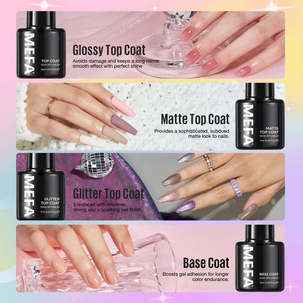 MEFA 47-Pcs Gel Nail Polish Kit — 42 Colors Plus Base Coat and Top Coats for DIY Manicure