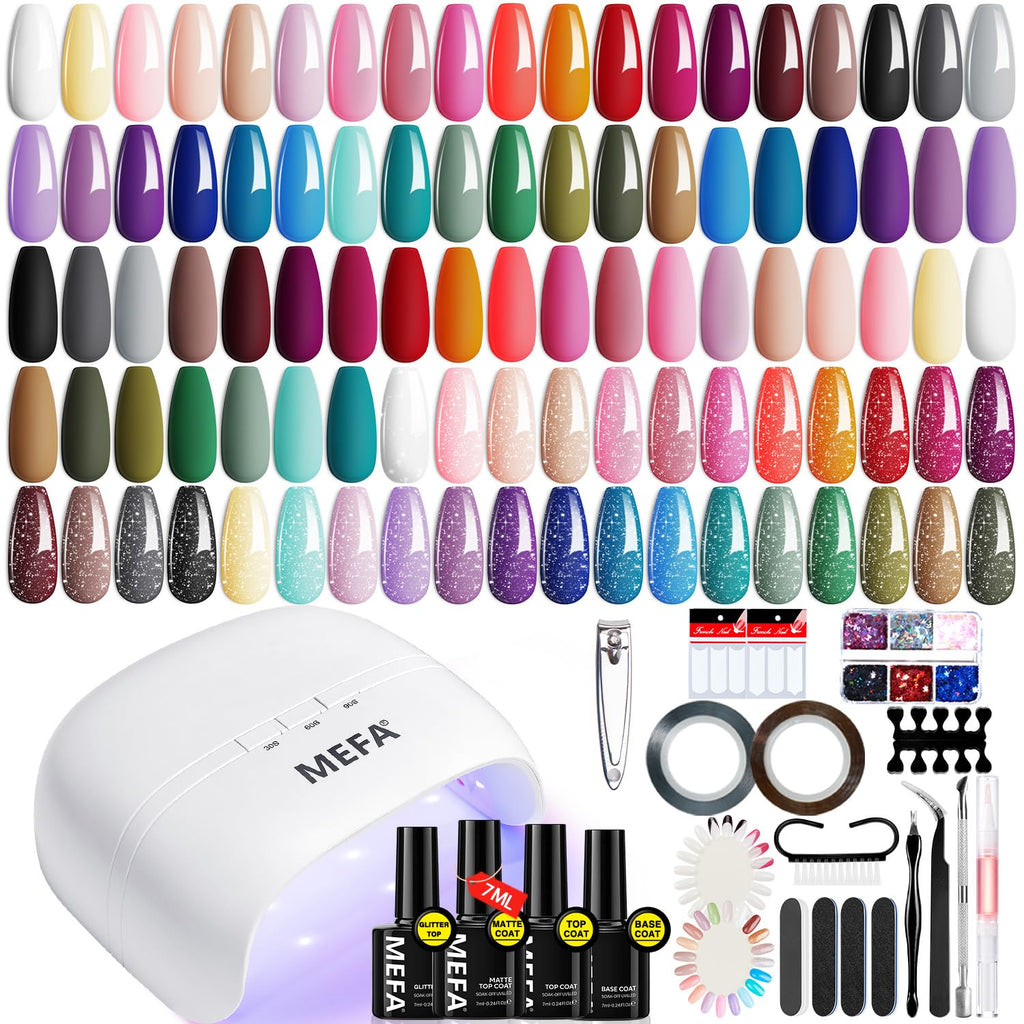MEFA 60 Pcs Gel Nail Polish Kit with UV Light – 32 Colors, Soak-Off Gel, Home Salon Set