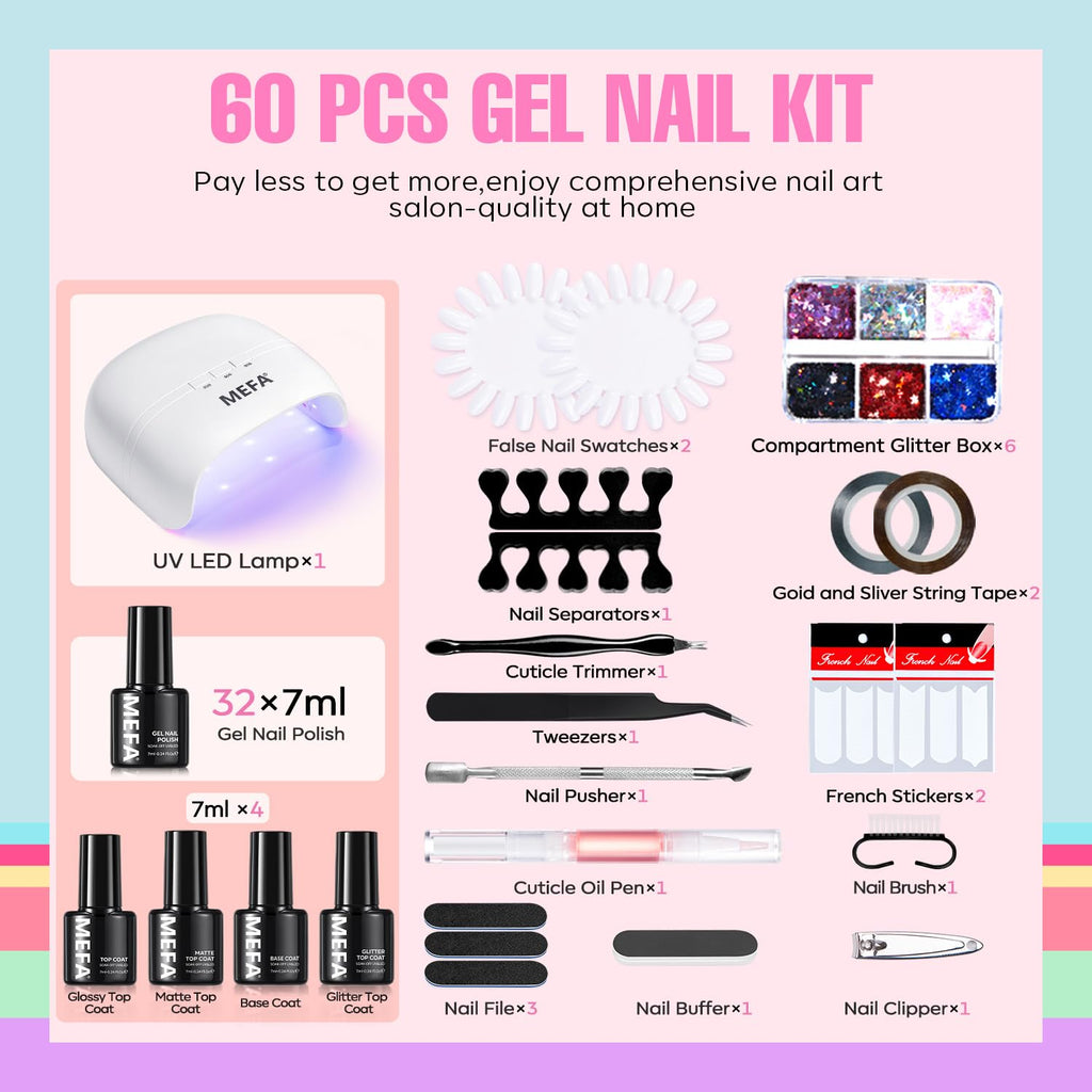 MEFA 60 Pcs Gel Nail Polish Kit with UV Light – 32 Colors, Soak-Off Gel, Home Salon Set