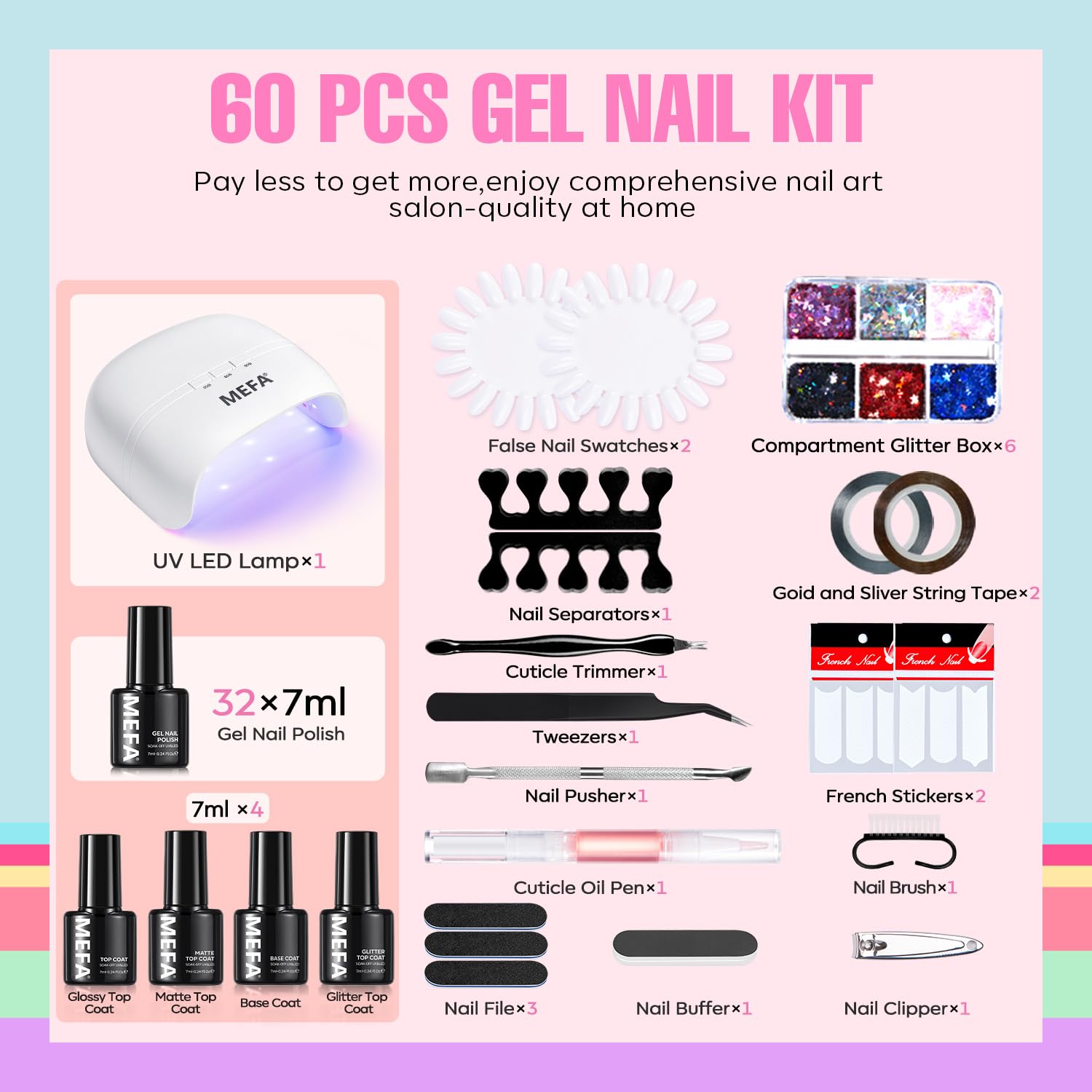 MEFA 60 Pcs Gel Nail Polish Kit with UV Light – 32 Colors, Soak-Off Gel, Home Salon Set