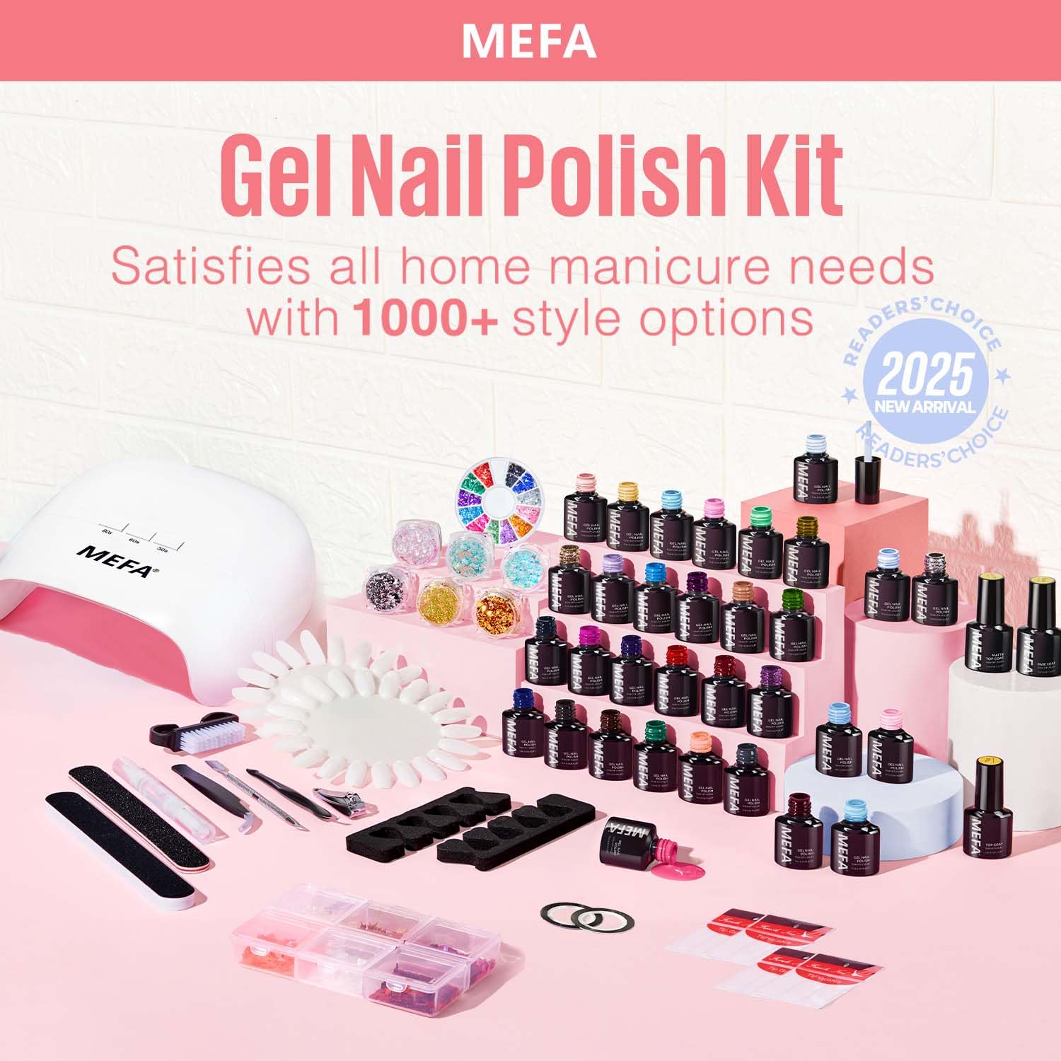 MEFA 60 Pcs Gel Nail Polish Kit with 72W UV LED Lamp – 32 Colors Home Manicure Set
